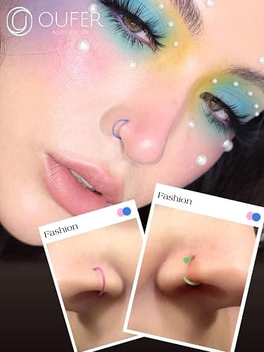 OUFER 20G Nose Ring Hoop, Colorful Clear Bioflex Acrylic Open Neon Nose Rings, Retainer Piercing Jewelry, Tragus Cartilage Helix Daith Lobe Earrings Piercing Retainer for Women Men thumbnail 3