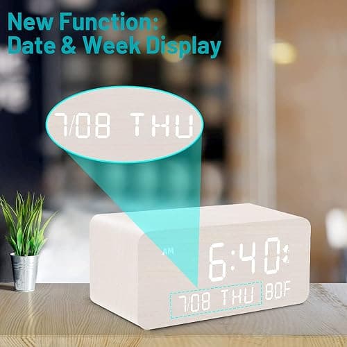 Andoolex Wooden Digital Alarm Clock with Wireless Charging, 0-100% Adjustable Brightness Dimmer and Volume, Weekday/Weekend Mode, Dual Alarm, Snooze, 12/24H, Wood LED Clock for Bedroom (White) thumbnail 7