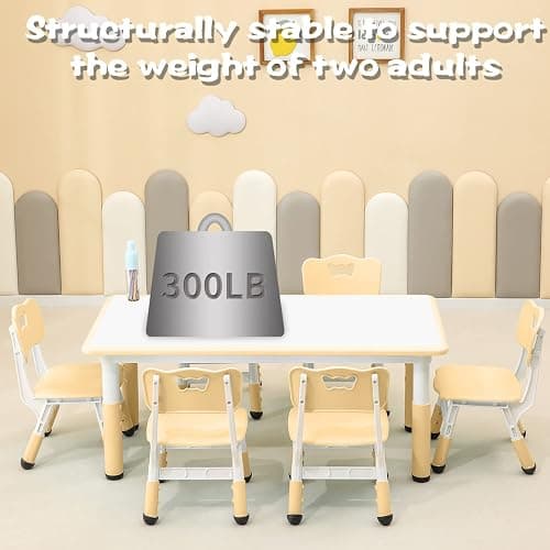 monleelnom Children's Table and Chair Set Suitable for Boys and Girls Age 2-12 Height Adjustable Table top Can be Painted with 6 Seats Suitable for Family Learning Daily use (Wood Color) thumbnail 6