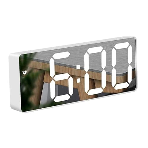 RMFC LED Digital Mirror Alarm Clock with Temperature & Date Calendar for Bedside, Bedroom, Office, Snooze, Adjustable Brightness, Voice Control Night Mode (White) - Image 1