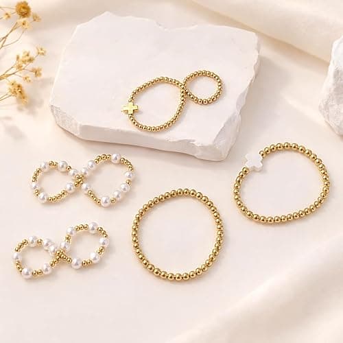 Fohufo Gold Bracelets for Women Jewelry - Easter Basket Stuffers, Cross/Pearl/Beaded Bracelets Set, Dainty 14K Gold Plated Beaded Bracelets Stack, Birthday Easter Gifts for Women thumbnail 6