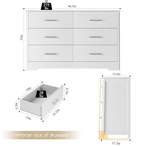 NEEEED THIS.    HOSTACK 6 Drawer Dresser, Modern White Double Dresser, Wide Chest of Drawers with Metal Handels, Accent Wood Storage Chest Organizers for Living Room, Hallway, Entryway (Trapezoid/White) thumbnail 6