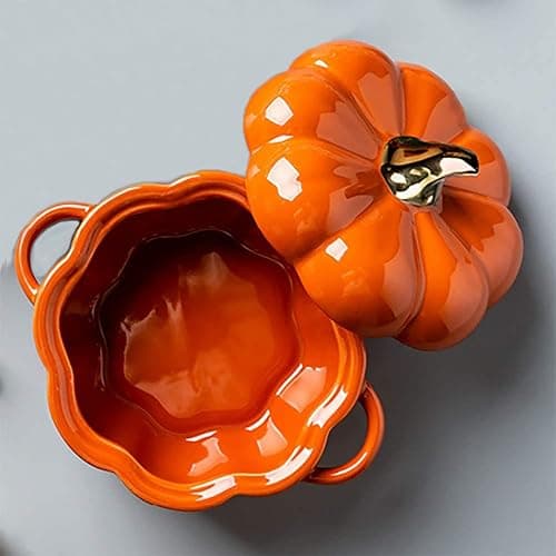 Pumpkin Bowl Set with Lid and Handle, Set of 2 Ceramic Ramekins for Baking, Casserole Dish Individual Severing Pot, Stoneware, Oven Safe, 14 Oz (Orange) thumbnail 4