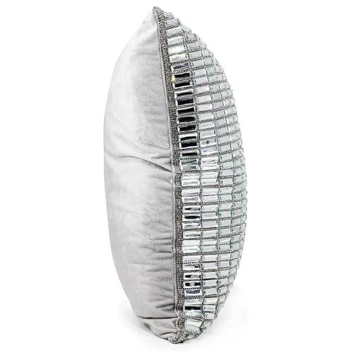 Fifth Avenue Pillow, Velvet Backing, Glass Stones, Dramatic, Feather Insert, for Sophisticated Luxury Home Decor, Silver, 16", Sold Individually thumbnail 3