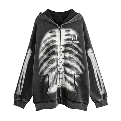 Men's and Women's Gothic Hoodie Washed and Aged Bone Print Hooded Sweatshirt Y2K, Grunge, Harajuku Hooded sweatshirt - Image 1