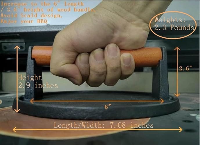 Firsgrill Burger Press 7.08" Round,Heavy-Duty Cast Iron Smash Burger Press Meat Steak With Wood Handle for Blackstone Camp chef Pitboss Weber Griddle Grills(Round) thumbnail 3