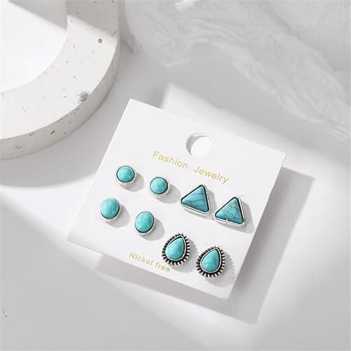 Dreuyet Turquoise Stud Earrings Set for Women Handmade Gemstone Oval Round Flower Cut Shape Square Studs Earrings Boho Turquoise Earrings Trendy Jewelry thumbnail 5