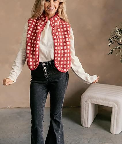 Rvnsu Women's Zip Up Sherpa Vest Checkered Fleece Vest Fall Winter Sleeveless Cardigan Warm Collared Outerwear Vests thumbnail 5