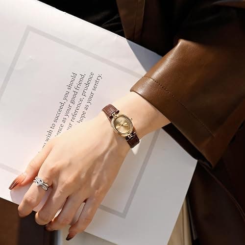 Womens Fashion Small Gold Oval Quartz Watches Vintage Leather Band Waterproof Luxury Casual Ladies Bracelet Wrist Watch Brown Black thumbnail 5