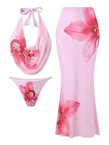 OYOANGLE Women's 3 Piece Swimsuits Floral Halter String Bikini Set with Long Beach Skirt Cover Up Beachwear - Image 1
