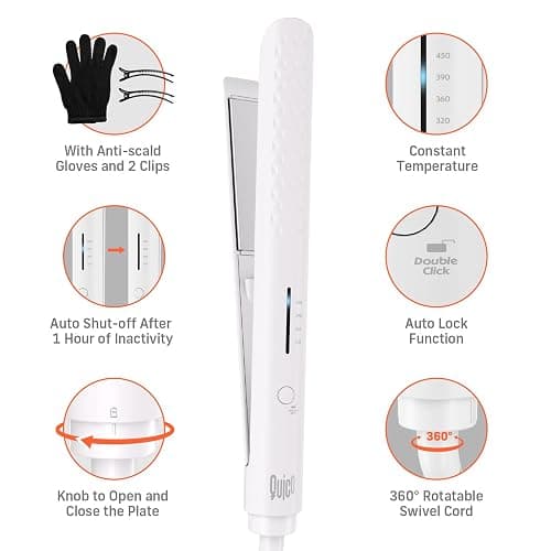 Quico Hair Straightener, 110-240V Global Travel Hair Straighteners for Women, 15s Fast Heating, Professional Negative Ion Flat Iron, Temp Memory, 320℉-450℉, Auto-Off, with Glove and Clips, Gift, White thumbnail 8