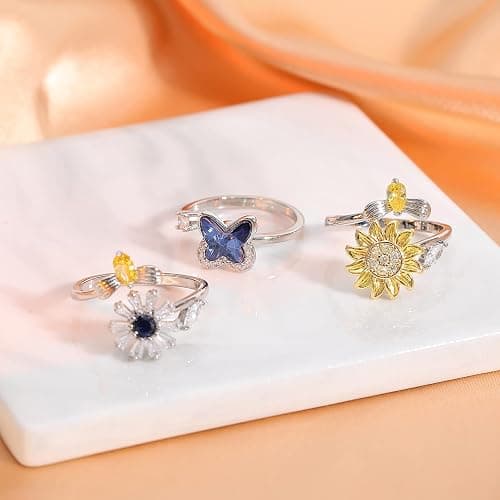 Honsny Fidget Rings for Women, Spinner Fidget Ring Set, Sunflower Butterfly Bee Star Moon Relief Spinning Rings for Adults thumbnail 7