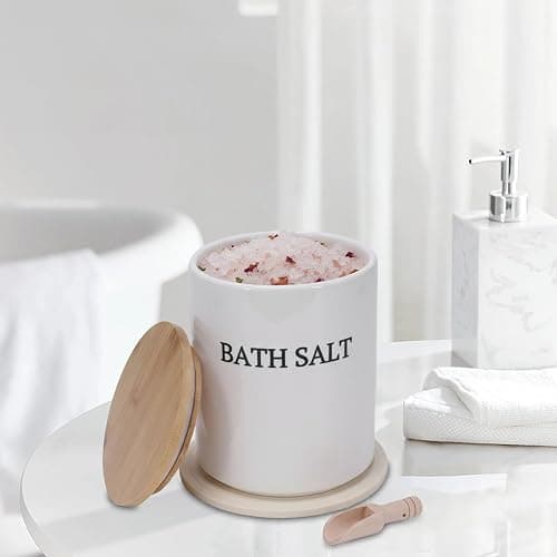Qinpufu 64 oz Bath Salt Jar Set, Ceramic Bath Salt Container with Scoop & Mat, Epsom Salt Storage with Airtight Wooden Lid, Modern Minimalist Bathtub Accessories for Women Bathtub Decor, White thumbnail 7