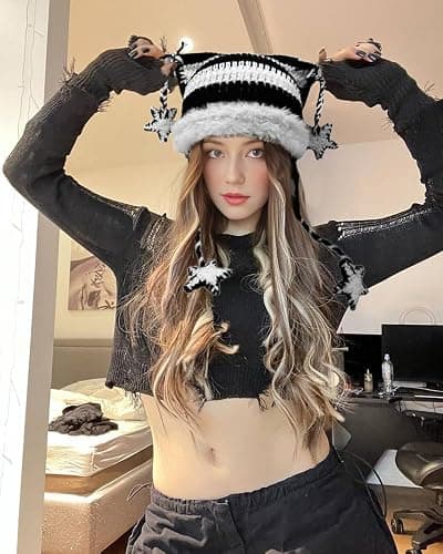 Y2k Beanie Knitted Hat Cute Cat Beanie Warm Loose Crochet Hat Women thumbnail 5