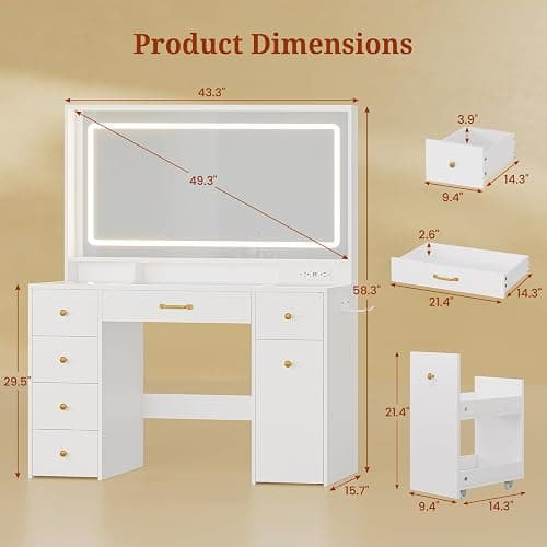 UPOSOJA 49.3“Large LED Mirror with Lights,Makeup Vanity Desk with 6 Drawers,Power Outlet,Glass Tabletop,Storage Shelf,Rolling Makeup Cart,Hairdryer Rack White thumbnail 2