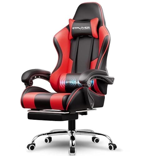 GTPLAYER Gaming Chair, Computer Chair with Footrest and Lumbar Support, Height Adjustable Game Chair with 360°-Swivel Seat and Headrest and for Office or Gaming (Faux Leather, Red) - Image 1