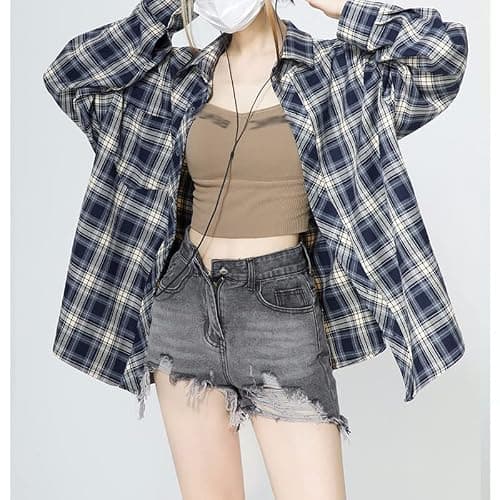 Plaid Flannel Shirt for Women Y2K Oversized Fairy Grunge Long Sleeve Button Down Blouse Alt Goth Tops thumbnail 3