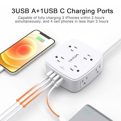 10 Ft Surge Protector Power Strip - YISHU 3 Side Outlet Extender with 8 Widely AC Outlets and 4 USB Ports, 10 Feet Extension Cord with Flat Plug, Wall Mount Desk USB Charging Station, ETL,White thumbnail 4