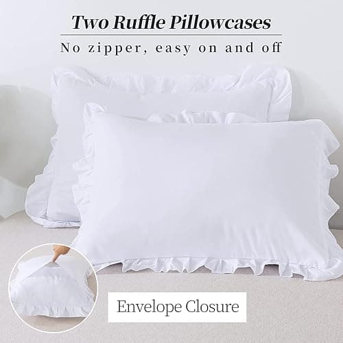 Precious Star Linen White Edge Ruffle Full/Queen Size Pillow Shams Long-Staple Egyptian Cotton Hotel Class Bedding Set of 2 Decorative Pillow Cover 20x30 Inch, Envelope Closure Soft & Cozy thumbnail 2