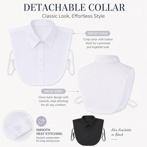 ITISMUNGO 2 Pcs Detachable Fake Pointed Collar for Women, Black & White Dickey Collar Half Shirt, Soft Breathable Faux Collar for Daily/Graduation/Office Outfits thumbnail 5