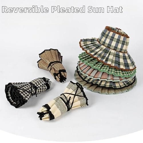 Women's Straw Reversible Pleated Sun Hat,Foldable Wide Brim Beach Hat,Summer Outdoor Travel UV Protection Beach Hats thumbnail 5