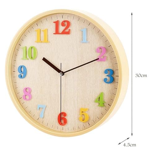 Topkey 12" Wooden Look Wall Clock Silent Non-Ticking 3D Numbers Colorful Decorative Round Clock for Living Room, Bedroom and Office Battery Not Included - Light Brown - 3d Color Numbers thumbnail 3