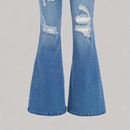Girls Ripped Flare Jeans Wide Leg Bell Bottoms Elastic High Waist Denim Pants with Pocket Teen Retro Cool Streetwear thumbnail 7