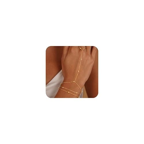 Picuzzy 14k Gold Plated Hand Chain for Women,Trendy Ring Bracelet Hand Chain Non Tarnish Beaded Cubic Zircon Infinity Finger Ring Slave Bracelet Stack Jewelry Gifts for Women - Image 1