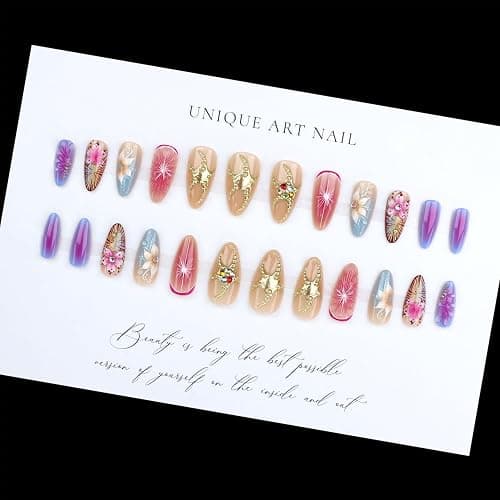 24Pcs Handmade Almond Press on Nails Fake Nails 3D ice Flower Stripes False Nails with Pink Gradient Gold Beads Designs Glitter Rhinestones Nails French False Stick on Nail for Women DIY Tips thumbnail 4