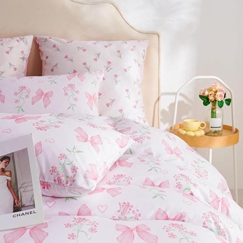 CCoutueChen Duvet Cover Full 3Pcs Pink Floral Bow Bedding Set for Girls Kids, Romantic Princess Style Bowknot Bedding, Ultra Soft Reversible Garden Flower Duvet Cover Set(2 Pillowcases,No Comforter) thumbnail 5