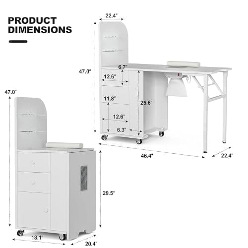 Paddie Foldable Manicure Nail Table with Glass Shelf, Folding Nail Tech Desk w/Dust Collector, 2 Open Shelves & 2 Drawers, Wrist Pad, Lockable Wheels, Storage Desk for Nail Tech（White） thumbnail 2