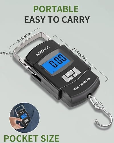 MEIYA Fish Scale 110lb/50kg Digital Fishing Scale with Backlit LCD, Portable Handle, Stainless Steel Hook & 2 AAA Batteries – Reliable Fishing Gear & Great Fishing Gifts for Men thumbnail 6