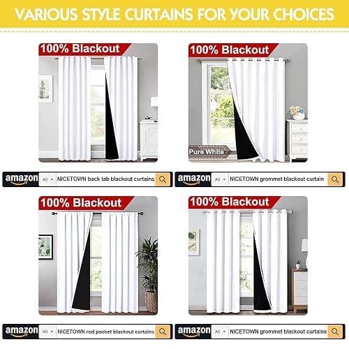 NICETOWN White 100% Blackout Lined Curtains, 2 Thick Layers Completely Blackout Window Treatment Thermal Insulated Drapes for Kitchen/Bedroom (1 Pair, 52 inches Width x 63 inches Length Each Panel) thumbnail 8