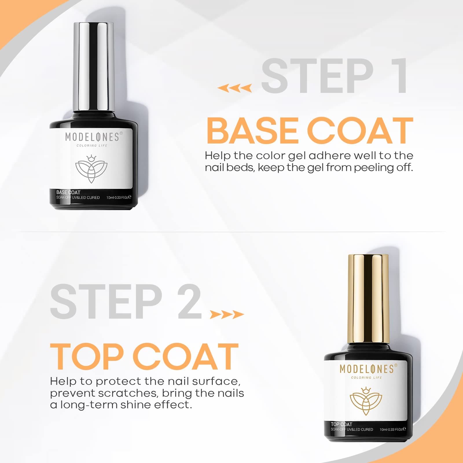 Modelones Gel Top Base Coat Set - 2 Pcs Gel Nail Polish No Wipe Gel Top Coat, Soak Off UV LED Gel Polish Glossy Shine Finish 10ml For Home DIY and Nail Salon thumbnail 2