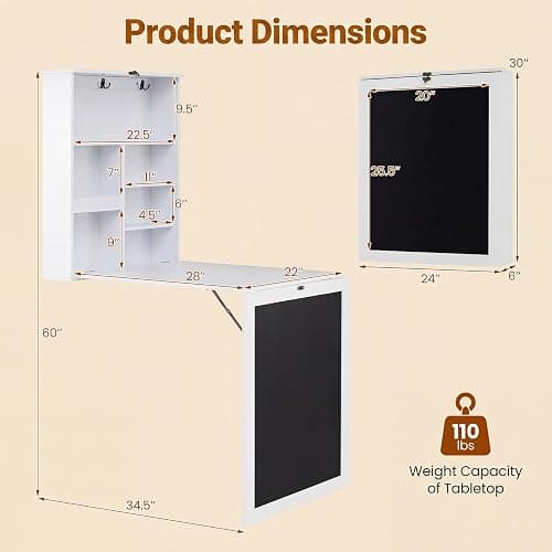 Tangkula Foldable Wall-Mounted Desk, Floating Desk with Chalkboard, Storage Shelves & Hooks, Space-Saving Murphy Table for Home Office, Bedroom, Dorm Room, Small Spaces thumbnail 3
