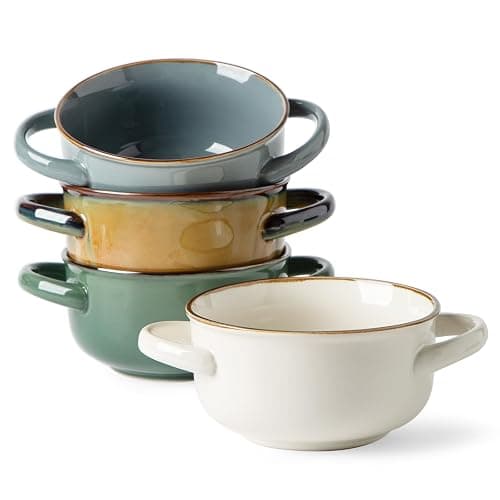 MONITO Ceramic Salad Bowl with Handles, 28 oz French Onion Soup Bowls, Ceramic Soup Bowls for Cereal, Pasta, Chilli, Beef Stew, Stackable Serving Bowl Set of 4 (28 OZ) | Ceramic Soup Bowls with Handles for Cereal,Pasta,Chilli,Beef Stew,Stackable Serving Bowl Set of 4 - Image 1