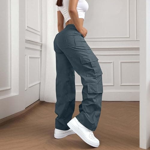 Cargo Pants for Women High Elastic Waisted Casual Baggy Wide Leg Hiking Pants Solid Color Streetwear with Pockets thumbnail 3