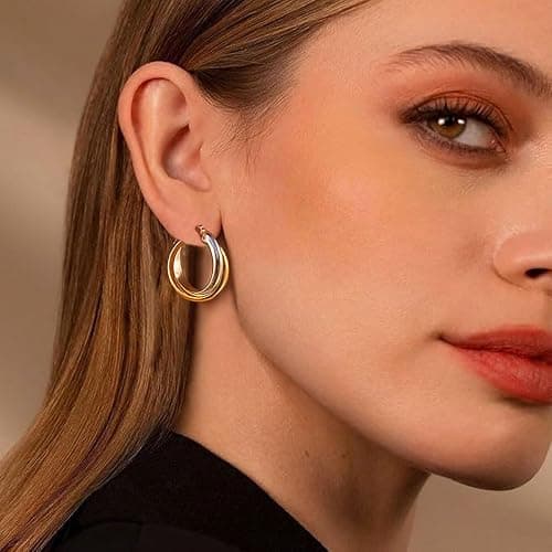 QJLE Two Tone Drop Dangle Earrings - Gold Silver Plated Hoop Huggie Earrings for Women - Trendy Jewelry thumbnail 3