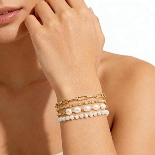 Pymach Dainty Gold Plated Pearl Crystal Beaded Bracelets Set for Women 14K Gold Plated Bead Pearl Beads Bracelet Stackable Paperclip Link Chain Bracelets Gold Plated Bracelets for Women Trendy Jewelry thumbnail 3