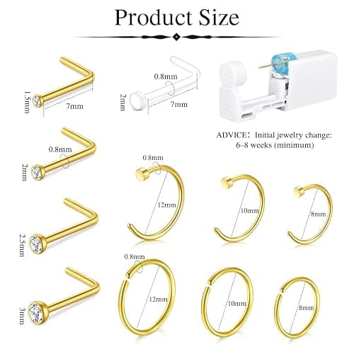 DJCIW 22PCS Nose Piercing Kit, Nose Piercing Guns with Preloaded 316L Stainless Steel 20G Nose Studs, UV Nose Screw Studs, and Nose Hoop Rings 6mm 8mm 10mm for Men Women Nose Piercing Golden thumbnail 2
