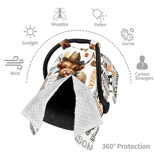 Personalized Baby Western Highland Cow Car Seat Canopy for Babies,Custom Name Car Seat Covers for Boys Girls,Universal Fit for Infant & Toddler & Newborn Breathable Multi-Use Stroller Cover All-Season thumbnail 6
