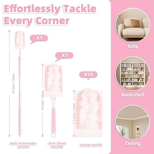 Nicemiya 52-Pack Duster Refills Compatible with Flash Dusters, Flash Dust Magnet Refills-Effectively Removes Dust, Dirt and Pet Hair for Home & Office Cleaning (50 Refills + 2 Handles, Pink) thumbnail 5