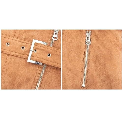 Bellivera Women Faux Leather Trench Coat Fleece-Lined Mid-length Jacket with Detachable Fur Collar - X-Large - Camel Suede thumbnail 5