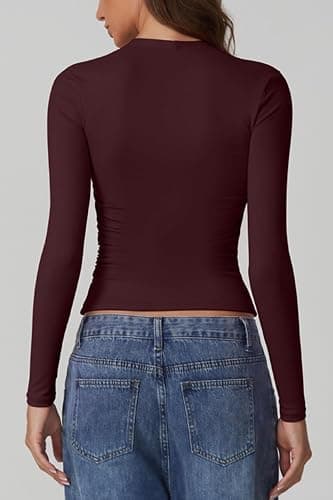 QINSEN Long Sleeve Square Neck Tops for Women Double Lined Side Ruching Going Out Shirts Basic Tee thumbnail 5