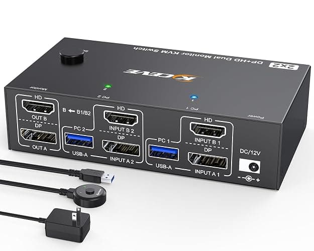 4K@144Hz KVM Switch 2 PC 2 Monitor 8K@60Hz,MLEEDA HDMI+Displayport Commutateur KVM Dual Monitor pour 2 Ordinateurs Partagés 2 Moniteurs et 4 Ports USB3.0,Télécommande Filaire et USB Câbles - Image 1