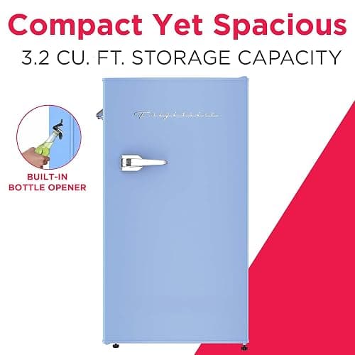 Frigidaire Retro Compact Fridge with Chiller, 3.2 cu ft Countertop Fridge with Built-In Bottle Opener, Compact Refrigerator for Office, Bedroom, Dorm Room or Cabin - 16.5" D x 19" W x 31" H (Blue) thumbnail 4