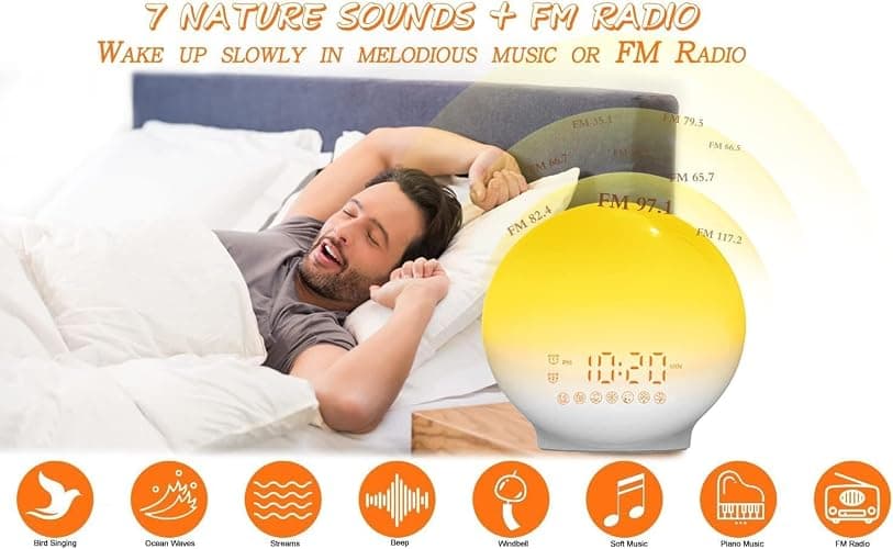 Tuerthy Reveil Lumineux, Réveil Intelligent pour Enfants Adultes, Reveil Matin Simulateur d'Aube et Crépuscule, Snooze,7 Sons Naturels, FM Radio Réveil, Veilleuse LED 7 Couleurs, Lampe de Chevet thumbnail 5