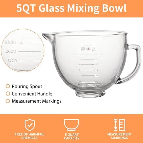 5QT Glass Bowl Compatible with KitchenAid 4.5 and 5-Quart Tilt Stand Mixers,Glass Mixing Bowl with Lid, Measurement Markers and Handle thumbnail 4
