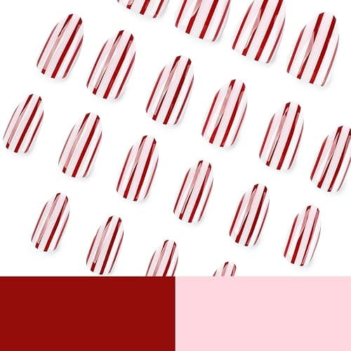 Cuteworld Short Almond Press on Nails - Stripe Pink & Red | Stripe Design, Glossy Full Cover Fake Nails 24Pcs for Women thumbnail 2