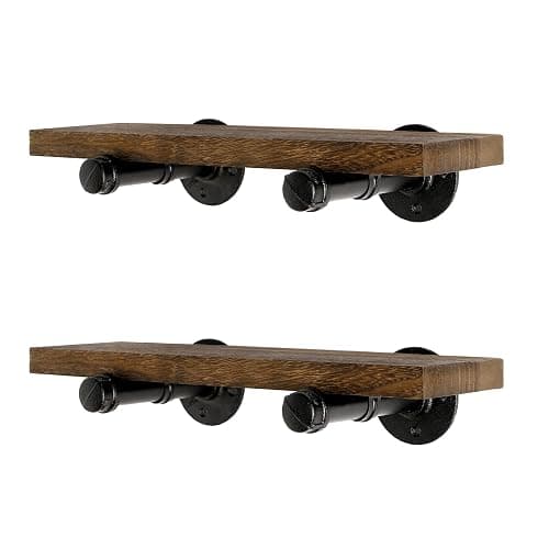 Home TZH Wall Mounted Floating Shelves, Floating Shelves with Industrial Pipe Brackets Set of 2 Rustic Wood Storage Shelf for Bedroom Living Room Bathroom Kitchen Office and More (2, Brown) - Image 1